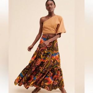 Farm Rio Women’s Macaw Island Maxi Skirt Size M Tiered Boho Tropical Vacation